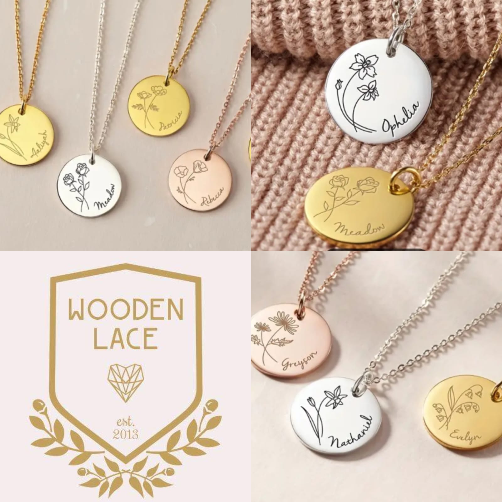 Birthday flower disc with name R900 available silver, hold and rosegold.